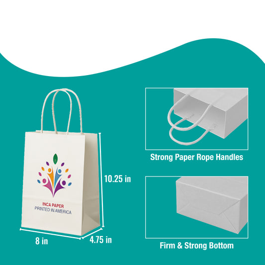 Eco-friendly benefits of Printed White Paper Bags with Twisted Handles (16 × 6 × 12) — printed in America using sustainable materials. Ideal biodegradable bags wholesale for gifting and packaging.