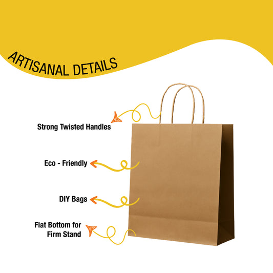 Key details of Brown Kraft Paper Bags with Twisted Handles (16 × 6 × 12) — strong paper with twisted handles, eco-friendly paper, and reinforced cardboard bottom. Durable brown kraft paper bags for packaging.