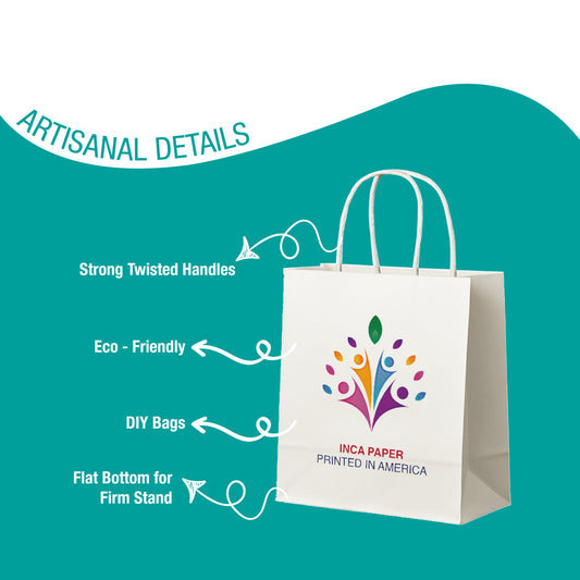 Key details of Printed White Paper Bags with Twisted Handles (16 × 6 × 12) — strong paper with twisted handles, eco-friendly paper, and reinforced cardboard bottom. Durable white paper bags for packaging.