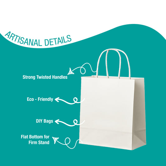 Key details of White Paper Bags with Twisted Handles (16 × 6 × 12) — strong paper with twisted handles, eco-friendly paper, and reinforced cardboard bottom. Durable white paper bags for packaging.