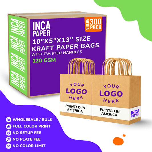 10" x 5" x 13" Printed Kraft Paper Bags with Twisted Handles (120 GSM)