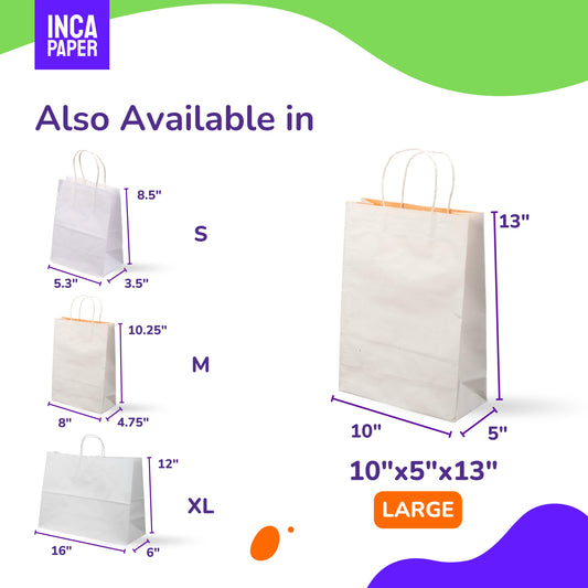 10" x 5" x 13" Printed White Paper Bags with Twisted Handles (120 GSM)