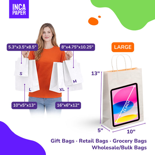 10" x 5" x 13" White Paper Bags with Twisted Handles (120 GSM)