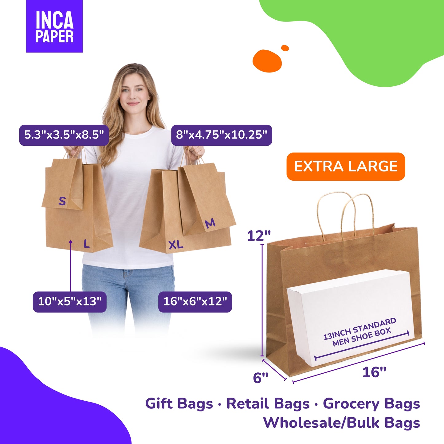 16" x 6" x 12" Printed Kraft Paper Bags with Twisted Handles (120 GSM)