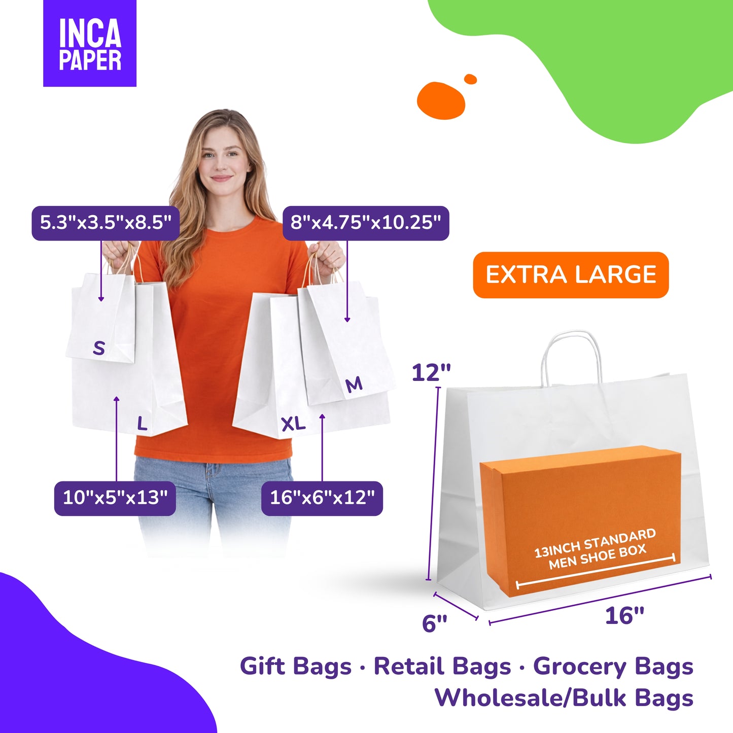 16" x 6" x 12" Printed White Paper Bags with Twisted Handles (120 GSM)