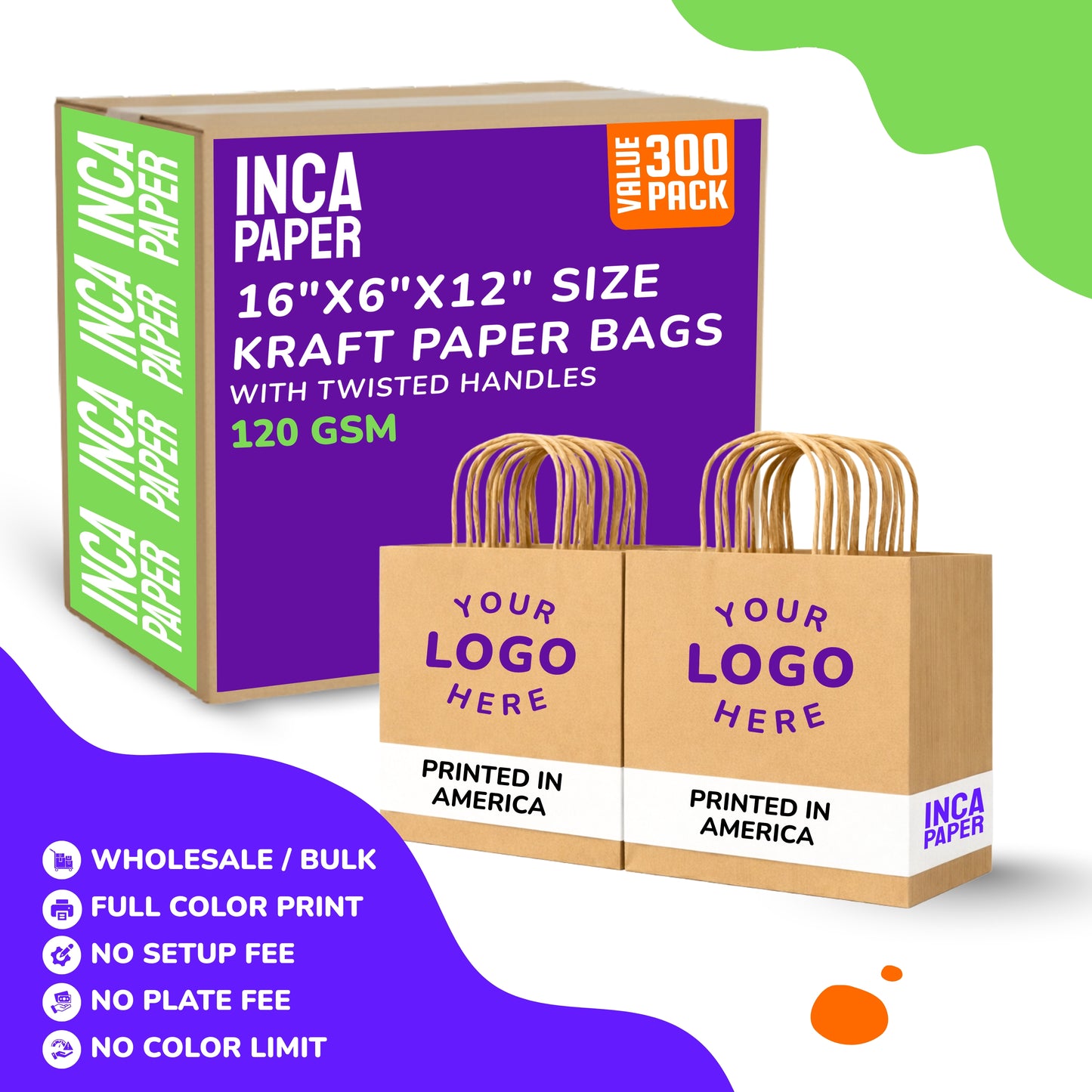 16" x 6" x 12" Printed Kraft Paper Bags with Twisted Handles (120 GSM)