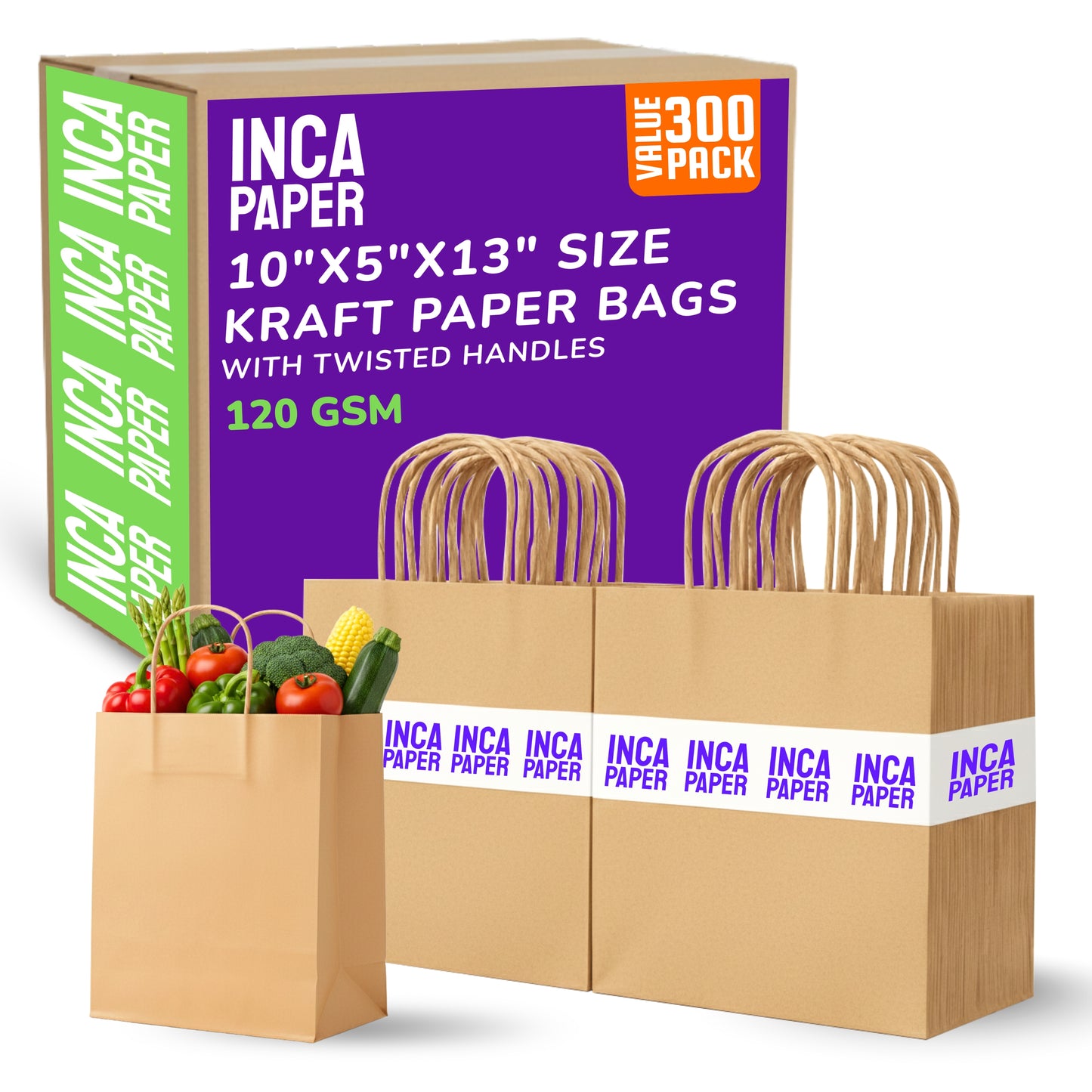 10" x 5" x 13" Kraft Paper Bags with Twisted Handles (120 GSM)