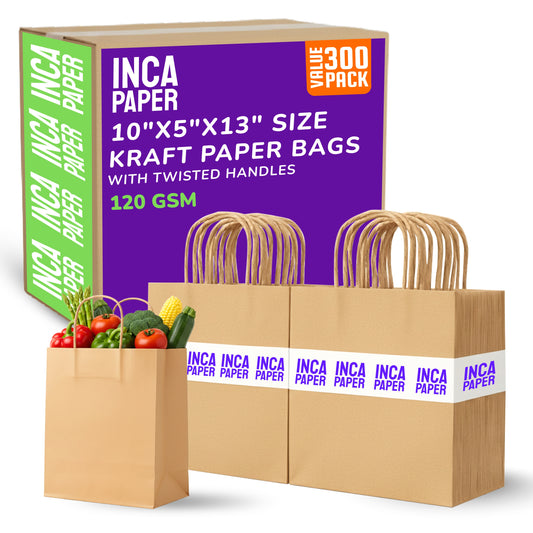 10" x 5" x 13" Kraft Paper Bags with Twisted Handles (120 GSM)