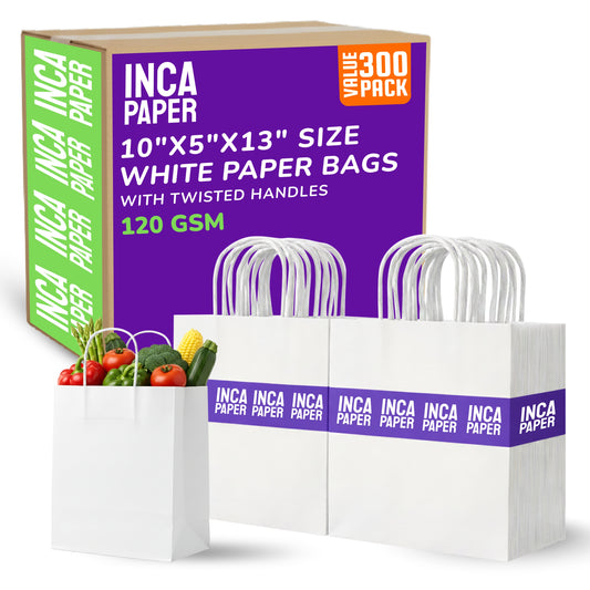 10" x 5" x 13" White Paper Bags with Twisted Handles (120 GSM)