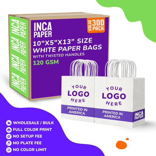 10" x 5" x 13" Printed White Paper Bags with Twisted Handles (120 GSM)