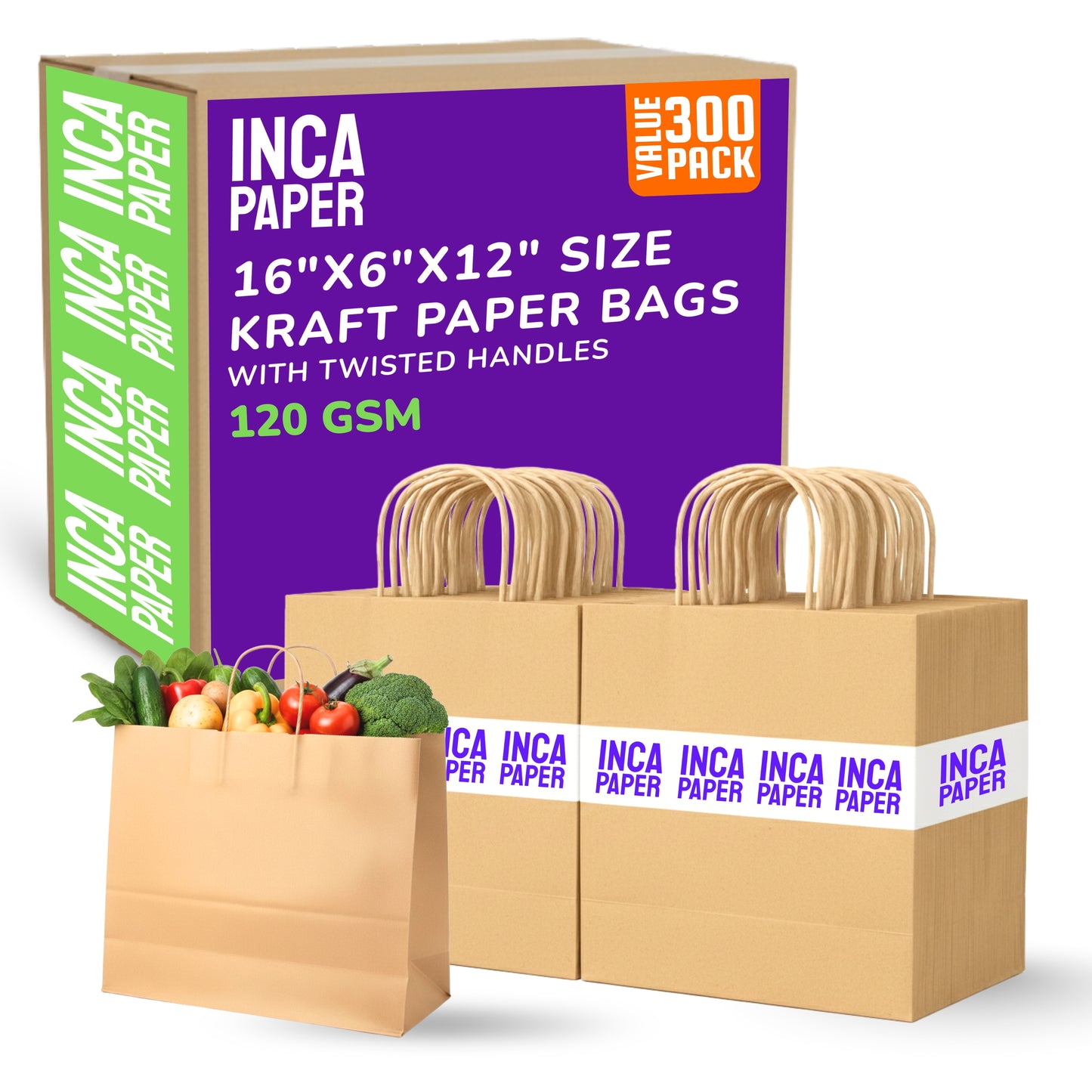 16" x 6" x 12" Kraft Paper Bags with Twisted Handles (120 GSM)