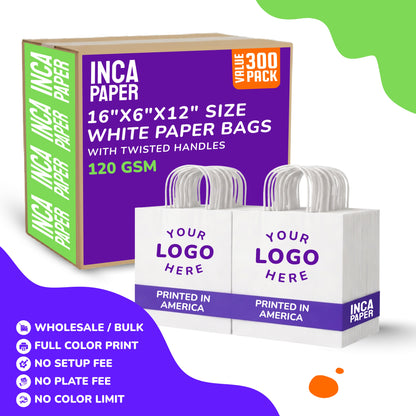 16" x 6" x 12" Printed White Paper Bags with Twisted Handles (120 GSM)