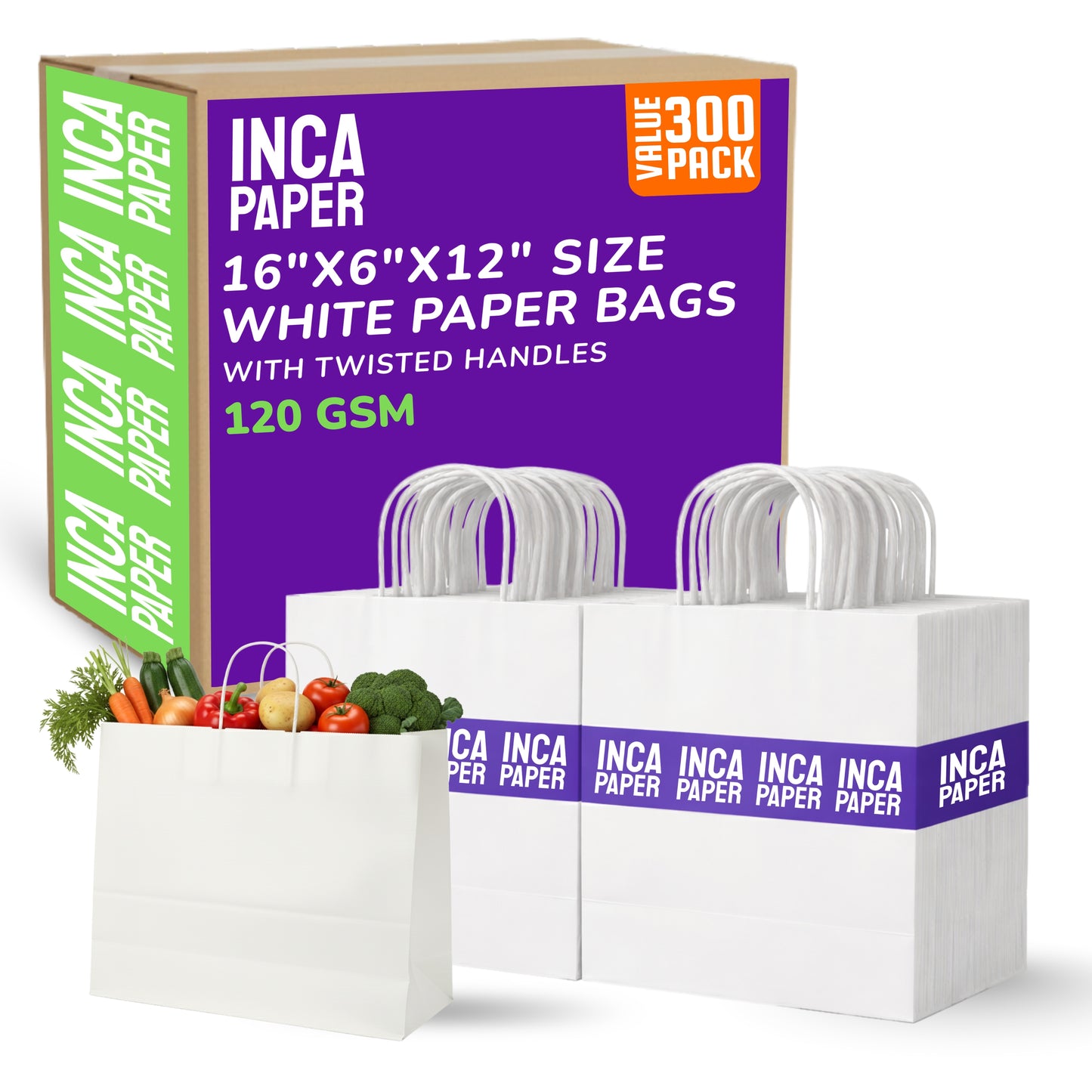 16" x 6" x 12" White Paper Bags with Twisted Handles (120 GSM)
