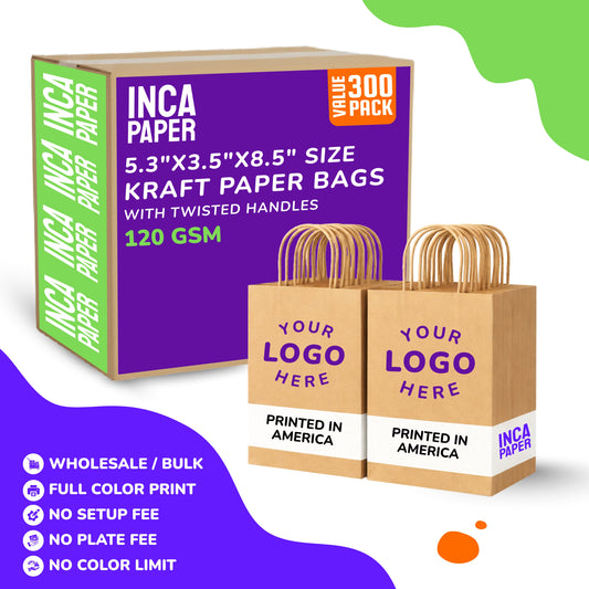 5.3" x 3.5" x 8.5" Printed Kraft Paper Bags with Twisted Handles (120 GSM)