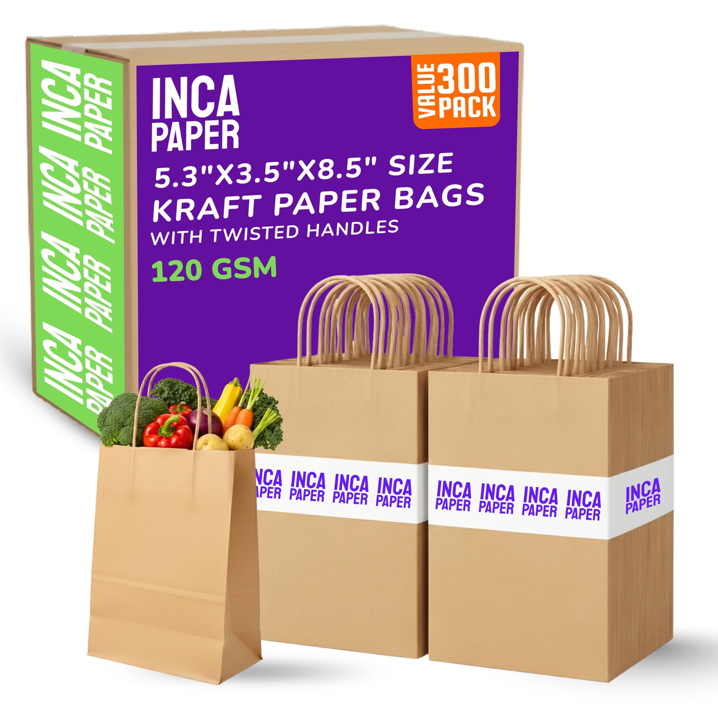 5.3" x 3.5" x 8.5" Kraft Paper Bags with Twisted Handles (120 GSM)