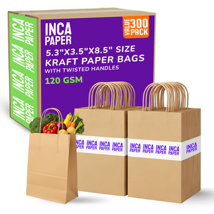 5.3" x 3.5" x 8.5" Kraft Paper Bags with Twisted Handles (120 GSM)
