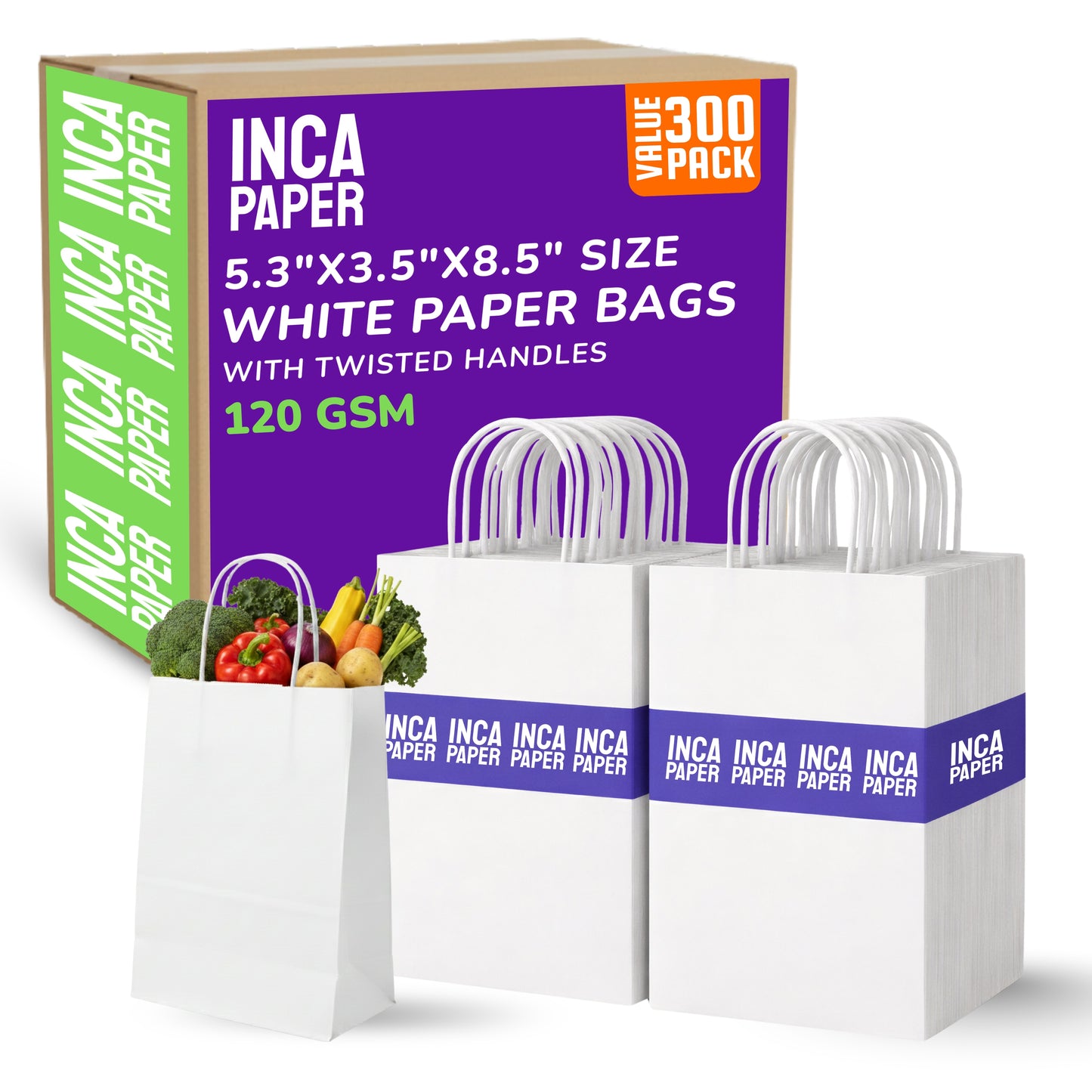 5.3" x 3.5" x 8.5" White Paper Bags with Twisted Handles (120 GSM)