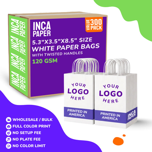 5.3" x 3.5" x 8.5" Printed White Paper Bags with Twisted Handles (120 GSM)