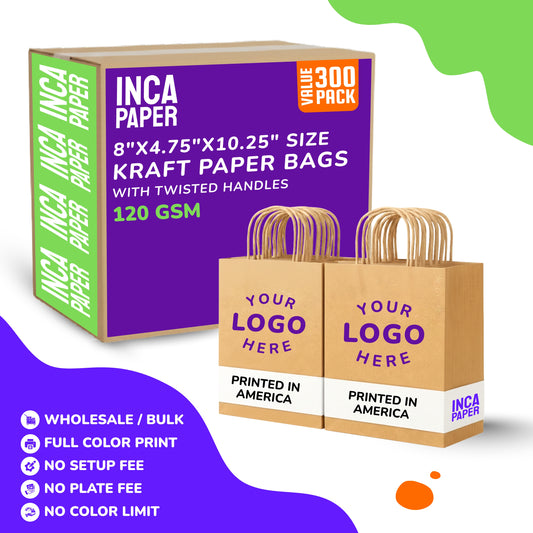 8" x 4.75" x 10.25" Printed Kraft Paper Bags with Twisted Handles (120 GSM)