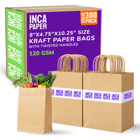 8" x 4.75" x 10.25" Kraft Paper Bags with Twisted Handles (120 GSM)