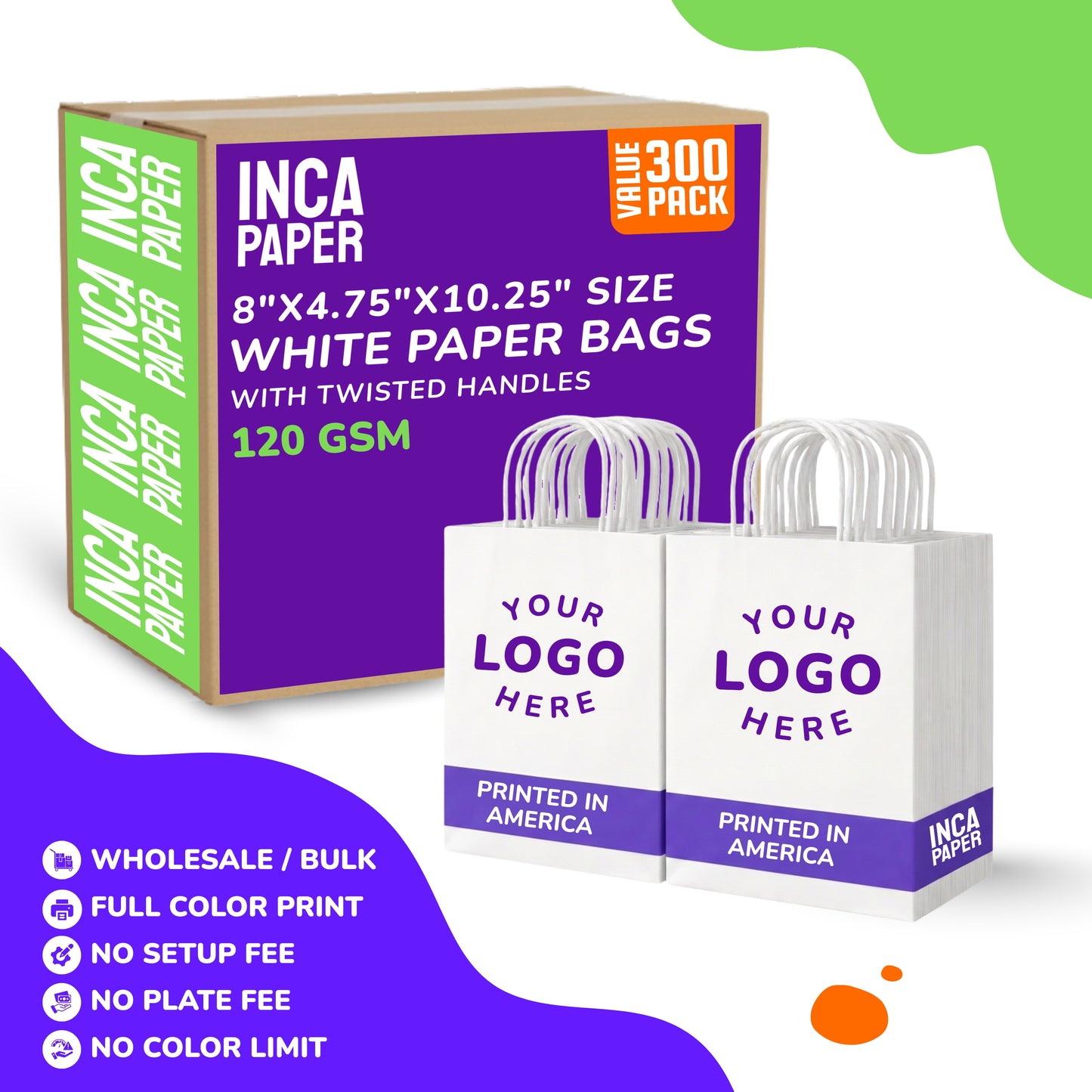 8" x 4.75" x 10.25" Printed White Paper Bags with Twisted Handles (120 GSM)