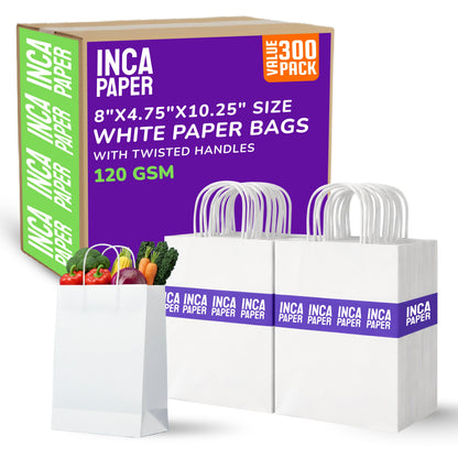 8" x 4.75" x 10.25" White Paper Bags with Twisted Handles (120 GSM)