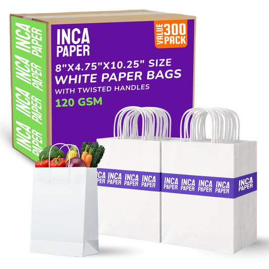 8" x 4.75" x 10.25" White Paper Bags with Twisted Handles (120 GSM)
