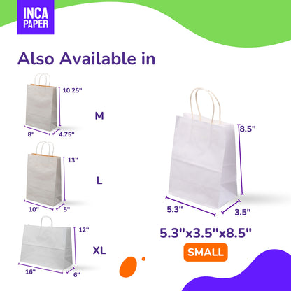 5.3" x 3.5" x 8.5" White Paper Bags with Twisted Handles (120 GSM)