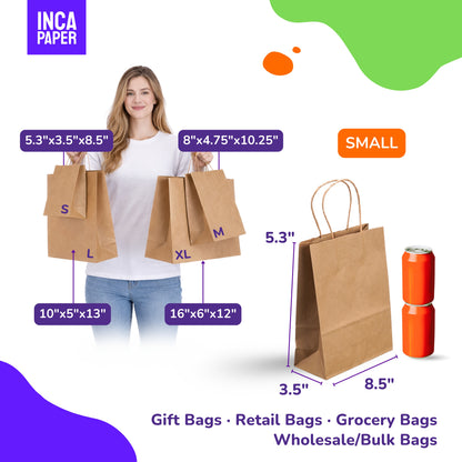 5.3" x 3.5" x 8.5" Printed Kraft Paper Bags with Twisted Handles (120 GSM)