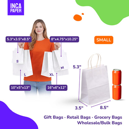 5.3" x 3.5" x 8.5" White Paper Bags with Twisted Handles (120 GSM)