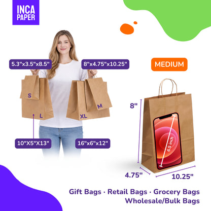 8" x 4.75" x 10.25" Kraft Paper Bags with Twisted Handles (120 GSM)