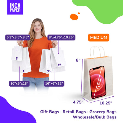 8" x 4.75" x 10.25" White Paper Bags with Twisted Handles (120 GSM)