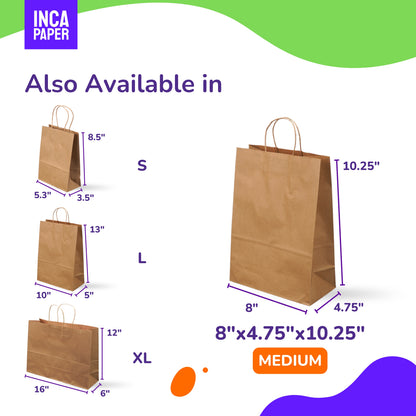 8" x 4.75" x 10.25" Kraft Paper Bags with Twisted Handles (120 GSM)