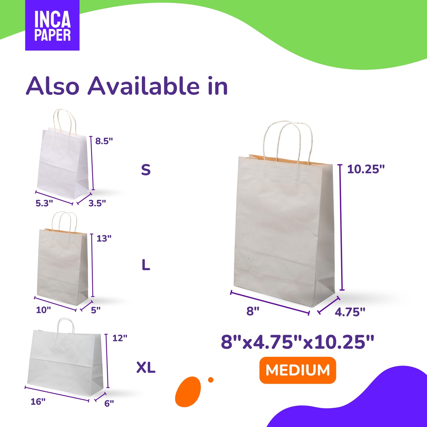 8" x 4.75" x 10.25" White Paper Bags with Twisted Handles (120 GSM)