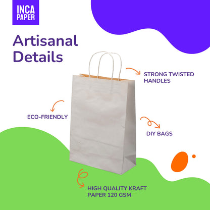 8" x 4.75" x 10.25" White Paper Bags with Twisted Handles (120 GSM)