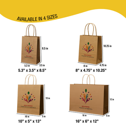 Available sizes of Brown Kraft Paper Bags with Twisted Handles — includes 5.3 × 3.5 × 8.5, 8 × 4.75 × 10.25, 10 × 5 × 13, and 16 × 6 × 12. From small paper gift bags to large paper shopping bags with handles for retail and events.