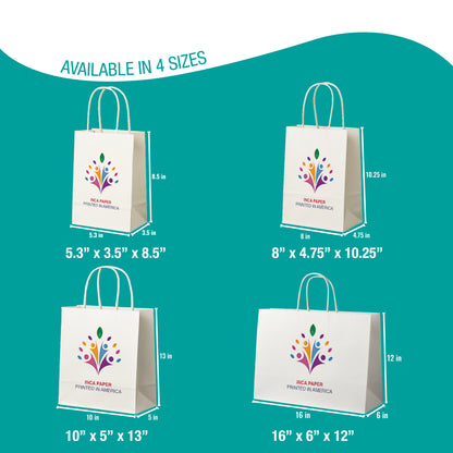 Available sizes of Printed White Paper Bags with Twisted Handles — includes 5.25 × 3.5 × 8.25, 8 × 4.75 × 10.25, 10 × 5 × 13, 13 × 5 × 15.5, and 16 × 6 × 12. From small paper gift bags to large paper shopping bags with handles for retail and events.