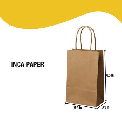 Brown Kraft Paper Bags with Twisted Handles (5.3 × 3.5 × 8.5) — paper bags with twisted handles made in America. Eco-friendly paper and no setup fees.