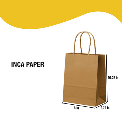 Brown Kraft Paper Bags with Twisted Handles (8 × 4.75 × 10.25) — paper bags with twisted handles made in America. Eco-friendly paper and no setup fees.