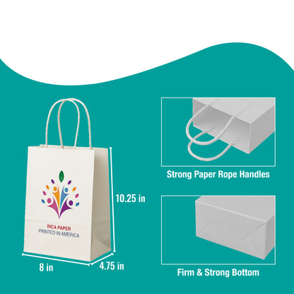 Eco-friendly benefits of Printed White Paper Bags with Twisted Handles (16 × 6 × 12) — printed in America using sustainable materials. Ideal biodegradable bags wholesale for gifting and packaging.