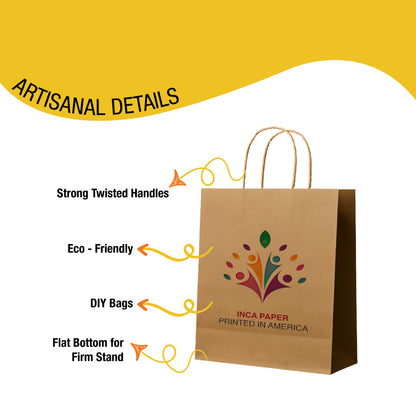 Key details of Printed Brown Kraft Paper Bags with Twisted Handles (16 × 6 × 12) — strong paper with twisted handles, eco-friendly paper, and reinforced cardboard bottom. Durable brown kraft paper bags for packaging.
