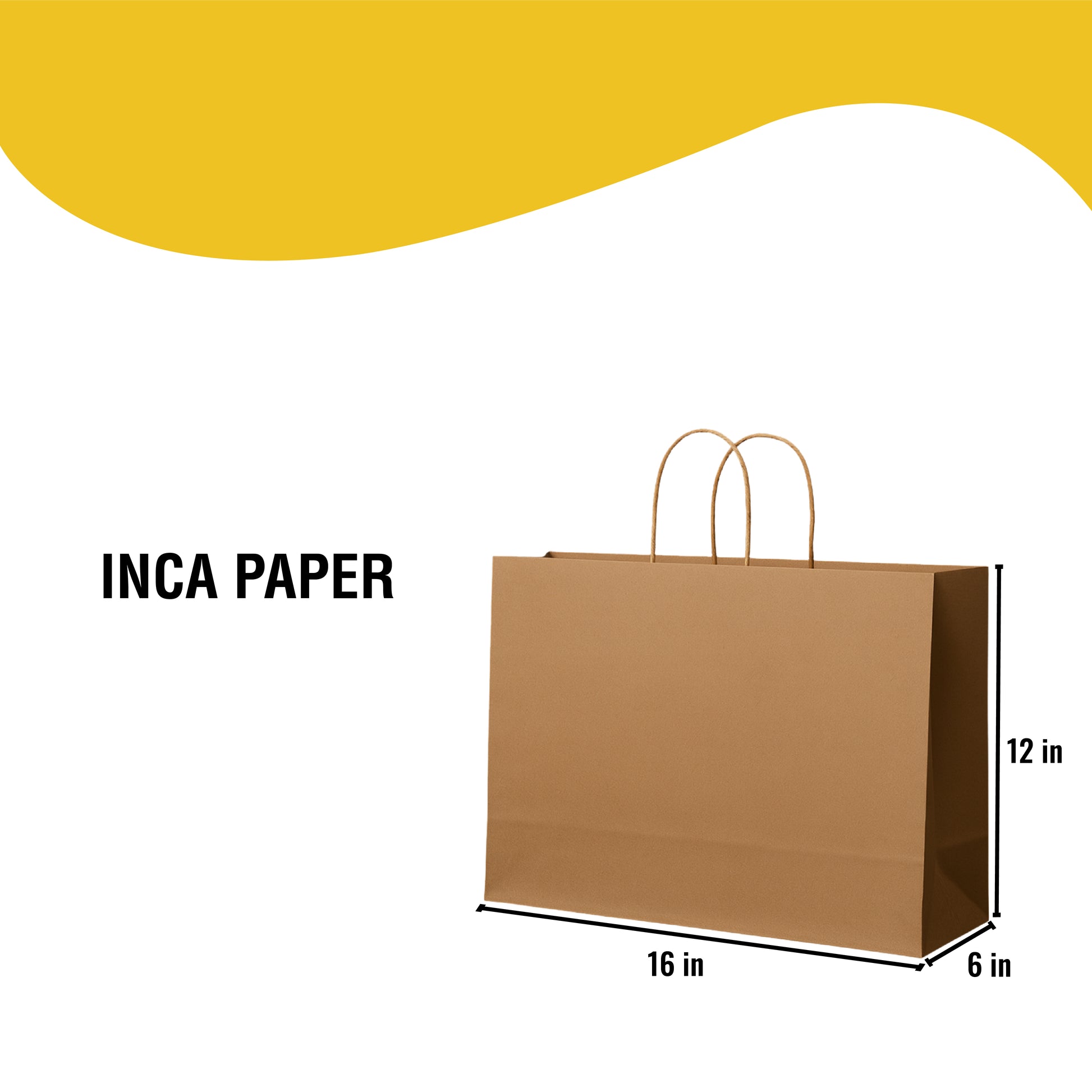 Key features of Brown Kraft Paper Bags with Twisted Handles (16 × 6 × 12) — no setup fee, no plate fee, unlimited color options. Custom printed bags for branding and personalized shopping bags.