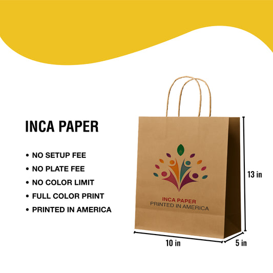 Key features of Printed Brown Kraft Paper Bags with Twisted Handles (10 × 5 × 13) — no setup fee, no plate fee, unlimited color options. Custom printed bags for branding and personalized shopping bags.