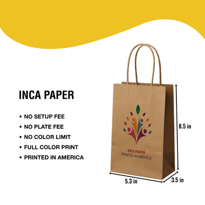 Key features of Printed Brown Kraft Paper Bags with Twisted Handles (5.3 × 3.5 × 8.5) — no setup fee, no plate fee, unlimited color options. Custom printed bags for branding and personalized shopping bags.