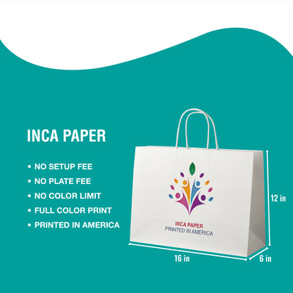 Key features of Printed White Paper Bags with Twisted Handles (16 × 6 × 12) — no setup fee, no plate fee, unlimited color options. Custom printed bags for branding and personalized shopping bags.