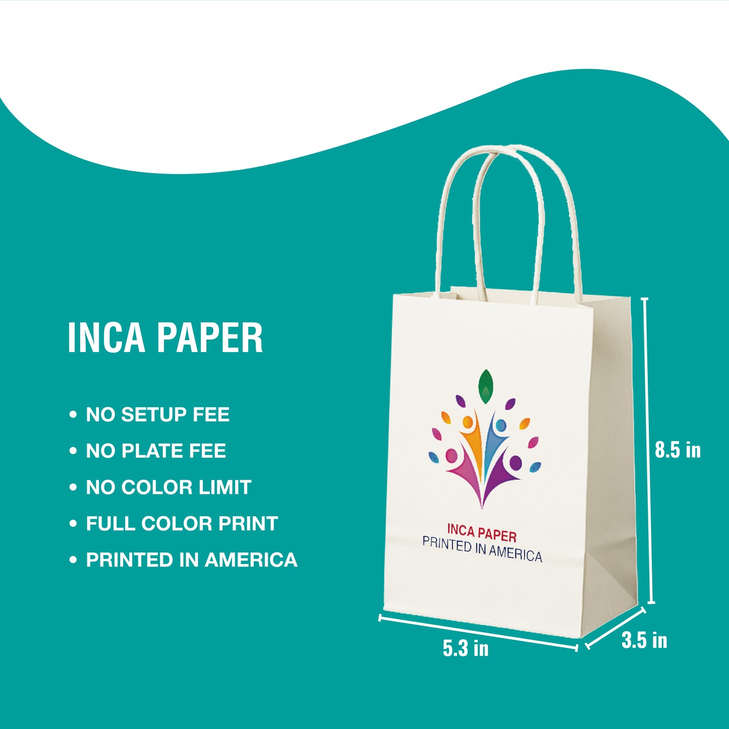 Key features of Printed White Paper Bags with Twisted Handles (5.3 × 3.5 × 8.5) — no setup fee, no plate fee, unlimited color options. Custom printed bags for branding and personalized shopping bags.