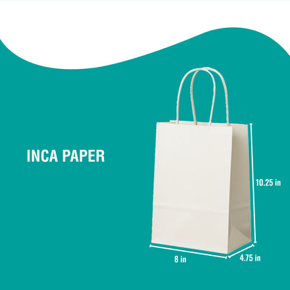 Key features of White Paper Bags with Twisted Handles (8 × 4.75 × 10.25) — no setup fee, no plate fee. Personalized shopping bags.