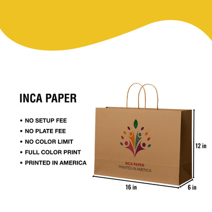 Printed Brown Kraft Paper Bags with Twisted Handles (16 × 6 × 12) — custom paper bags with twisted handles printed in America. Full color printed paper bags with logo using eco-friendly ink and no setup fees.