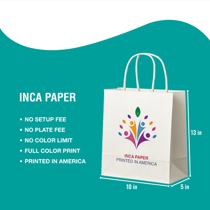 Printed White Paper Bags with Twisted Handles (10 × 5 × 13) — custom paper bags with twisted handles printed in America. Full color printed paper bags with logo using eco-friendly ink and no setup fees.