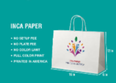 Printed White Paper Bags with Twisted Handles (16 × 6 × 12) — custom paper bags with twisted handles printed in America. Full color printed paper bags with logo using eco-friendly ink and no setup fees.